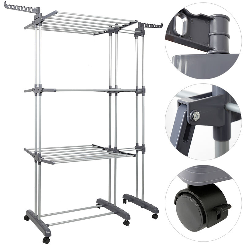 Tendoir Linge Intérieur sur 3 Niveau, Séchoir à Linge Extensible Réglable, Grand Capacité, avec 6 Roues, Gris
