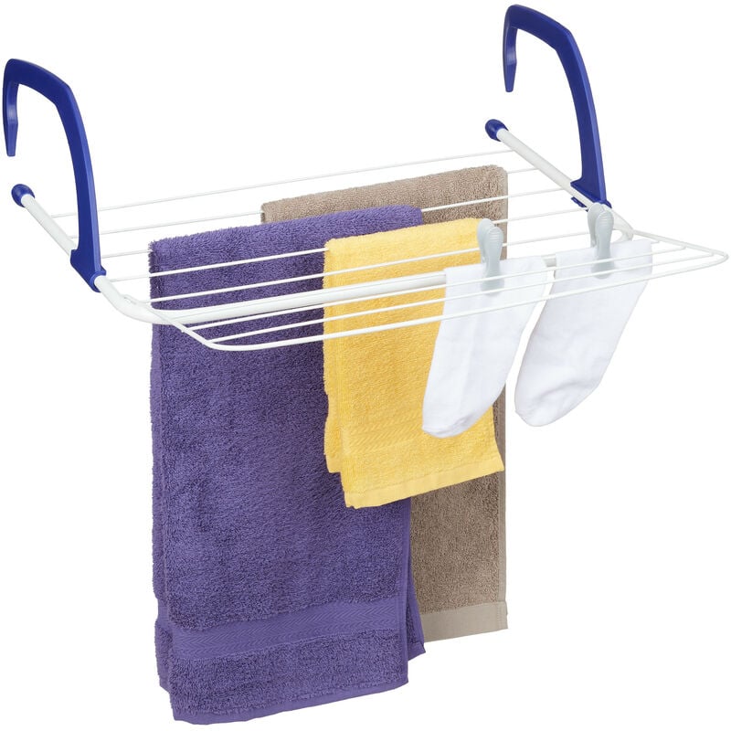 Tendoir, sèche-linge à accrocher, pour balcon, radiateur & camping, peu encombrant, 4 cordes séparées, blanc - Relaxdays