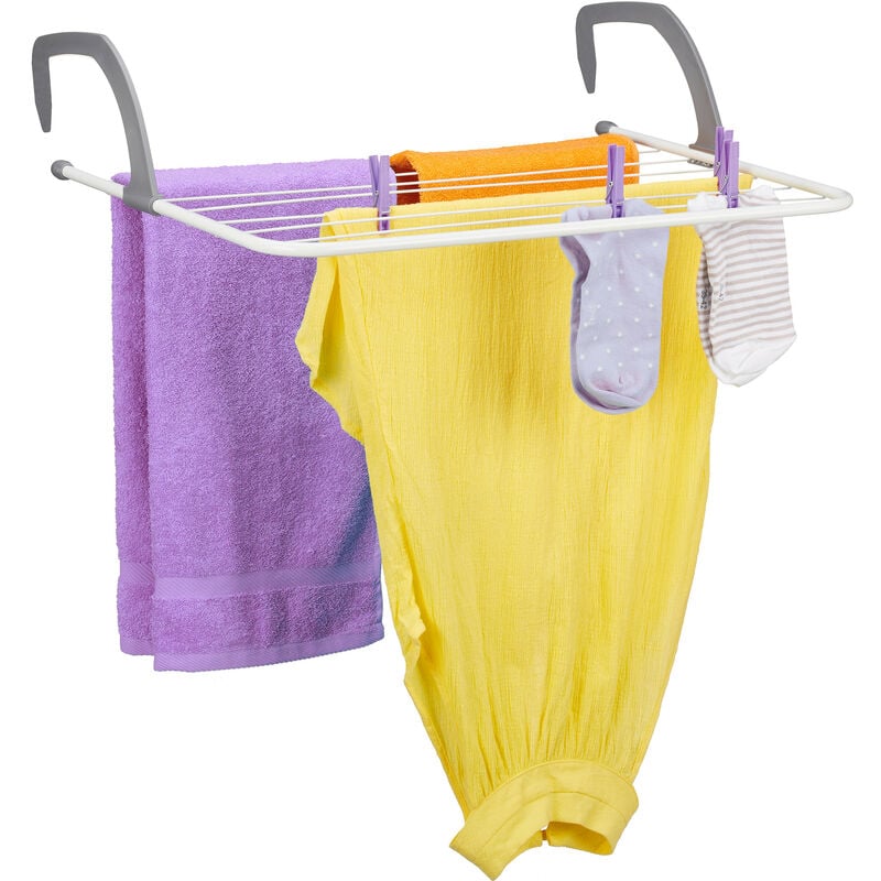 Tendoir, sèche-linge à accrocher, pour balcon, radiateur & camping, peu encombrant, 7 cordes séparées, blanc - Relaxdays