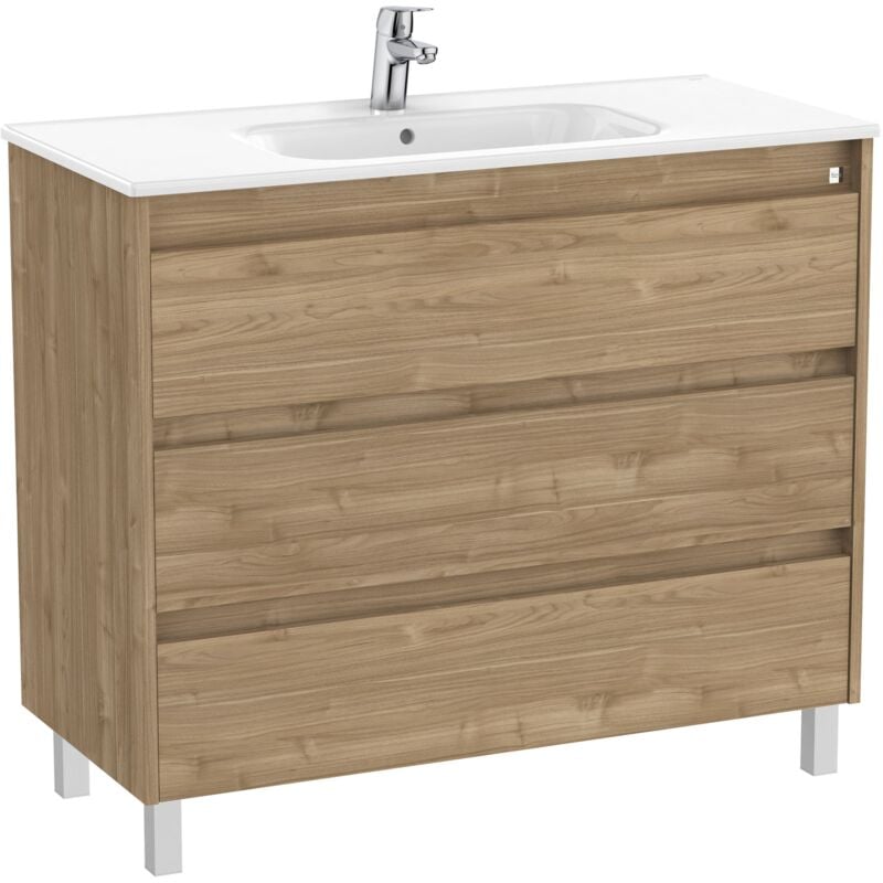 Roca - Pack Unik Meuble 3 tiroirs + lavabo tenet Couleur : Noyer - Dimensions : 985x460x740 mm
