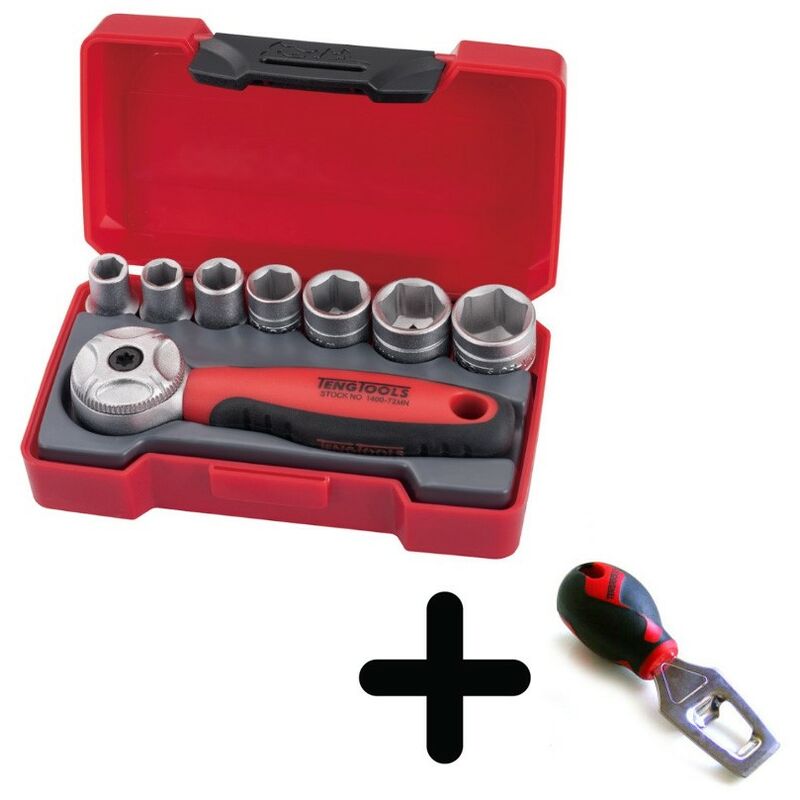 Teng Tools 1/4' Drive 8 Piece Mini Metric Socket Set Stubby Ratchet Handle T1408