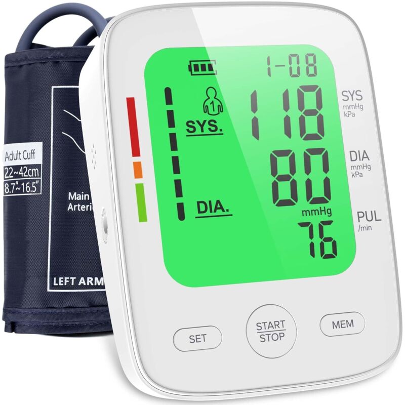 Tensiomètre au bras avec grand écran lcd 3 couleurs, brassard réglable (22-42 cm) 2 x 99 mémoires Cardiofréquencemètre