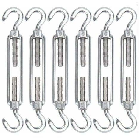 Tensor de cable de acero inoxidable KZQ M5, paquete de 6 tensores y ganchos para cable de acero, tensor y gancho resistentes y ajustables para tendedero de cable, malla de alambre para instalación sol