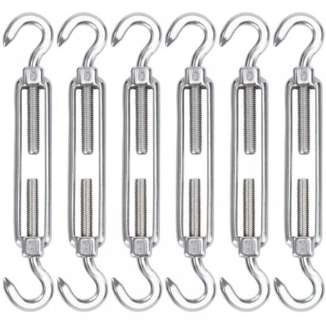 Tensor de cable de acero inoxidable M5, paquete de 6 ganchos tensores de alambre y ganchos de tensión resistentes y ajustables para instalar cuerdas, cables, tendederos y cercas de sombra.