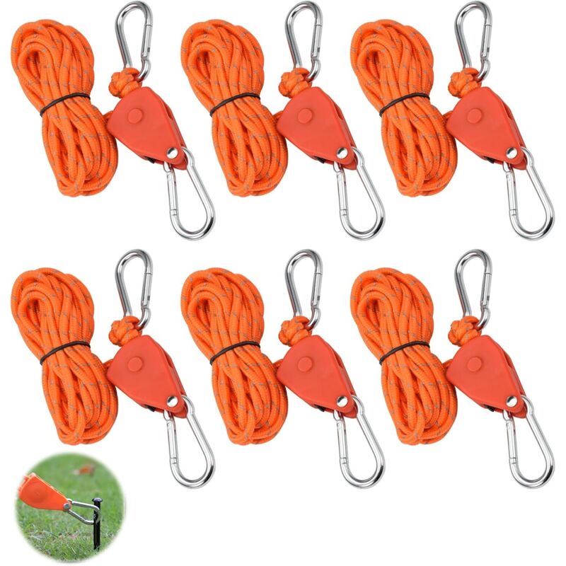Tensor de cuerda de 4 metros (6 piezas), cuerda reflectante para tienda de campaña de 4 mm, cuerda de trinquete con gancho, paracord ajustable, apto