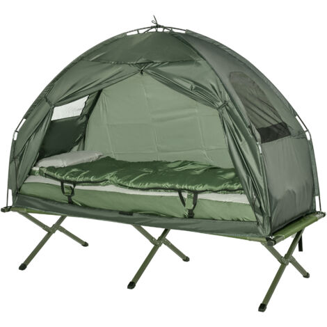 Tente de camping avec lit de camp, sac de couchage et matelas, vert foncé