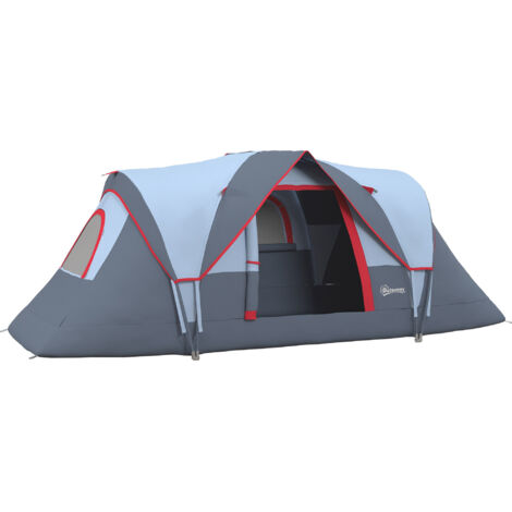 Tente de camping familiale 5-6 pers. - grande porte + 3 fenêtres - dim. 4,55L x 2,3l x 1,8H m fibre verre polyester oxford gris