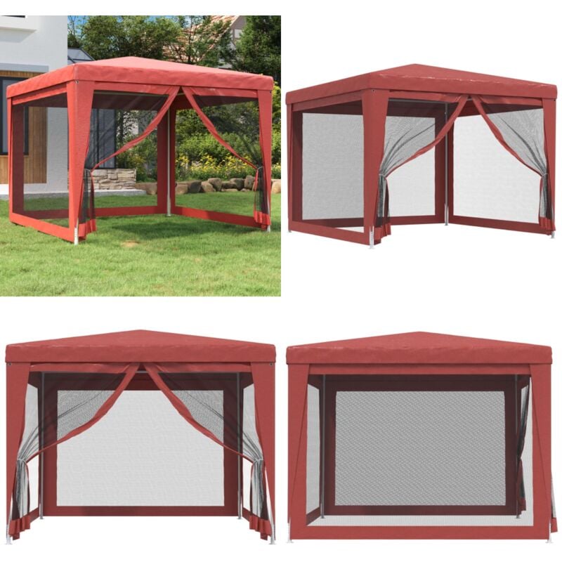 Tente de fête avec 4 parois latérales en maille Rouge 3x3m pehd - Tente De Fete - Tonnelle - Gazebo - Parasol - Abri Solaire - Home & Living