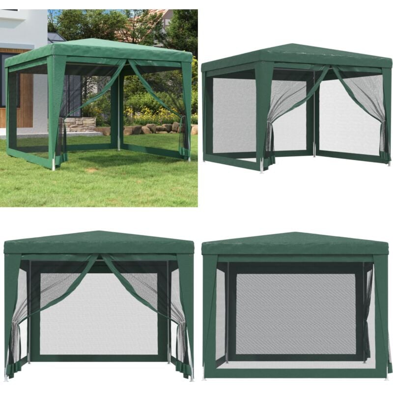 Tente de fête avec 4 parois latérales en maille Vert 3x3 m pehd - Tents De Jardin - Abri Solaire - Tonnelles Exterieure - Chapiteau Pliable