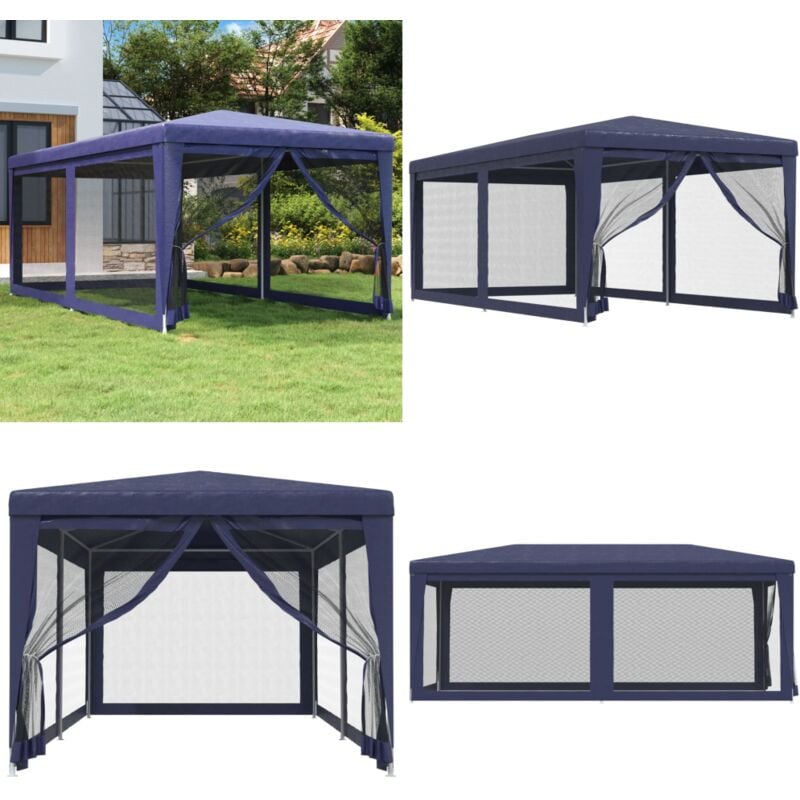 Tente de fête avec 6 parois latérales en maille Bleu 3x6 m pehd - Tents De Réception - Tonnelles - Gazebo - Abri Solaire - Parasol - Home & Living