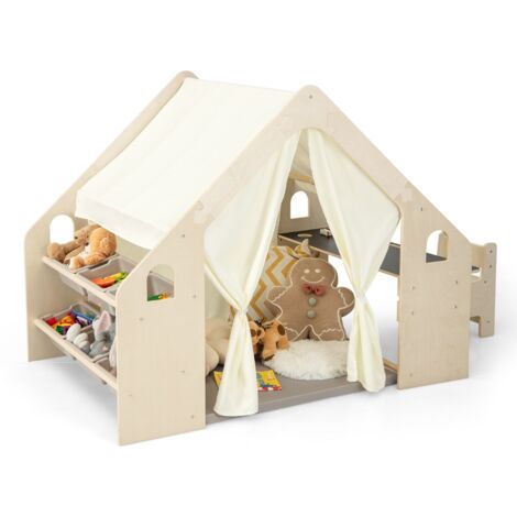 Tente de Jeu d'Intérieur en Bois pour Enfants 6 en 1 Tableau Noir Table Chaise 6 Bacs de Rangement Coussin de Sol Maison de Jeu pour 2-6 ans Beige DESIGN IN