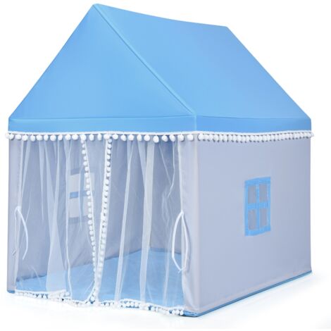Tente de Jeu Enfant Château Intérieur Cadre en Bois Couverture en Coton Bleu Maison Chic