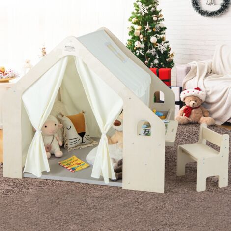 Tente de Jeu Intérieure 6 en 1 en Bois pour Enfants Tableau Noir Table de Bureau Chaise Bac de Rangement Tapis de Sol pour les 2-6 ans Beige DESIGN IN