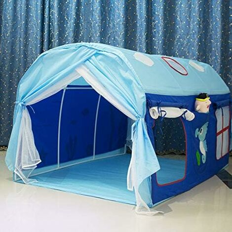 Tente de Jeu Jardin Jeu Maison sur Lit Démontable pour Enfant Fille Garçon - Bleu Maison