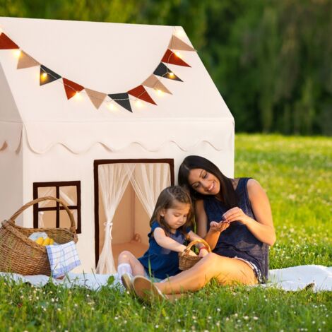 Tente de Jeu pour Enfants avec Tapis Antidérapant Matelassé Drapeaux Guirlande Lumineuse Globale Rideaux en Maille Fenêtres 3-14 Ans Beige