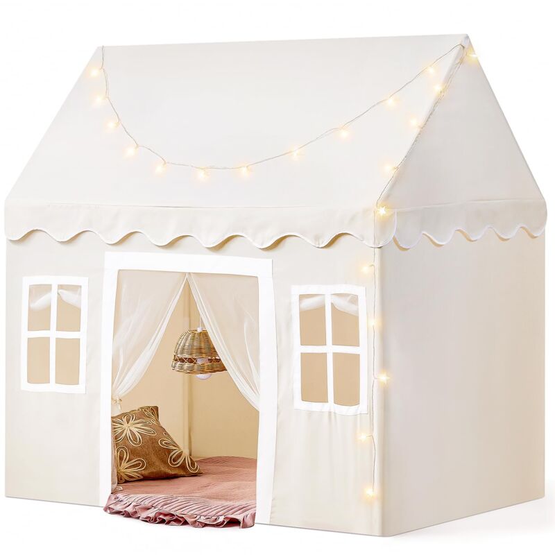 Tente de Jeu pour Enfants avec Tapis et 4m Lumières de Chaîne, Cabane Interieur Maison Exterieur, Château de Princesse Tente pour 3 à 13 Ans,133 x90