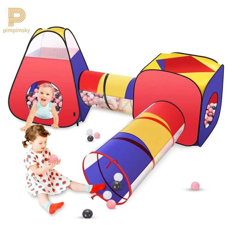 Tente de Jeu Pour Enfants Bebe 4-en-1 Piscine a boules avec Tunnel Tente Maison de Jouet Portable + Balls