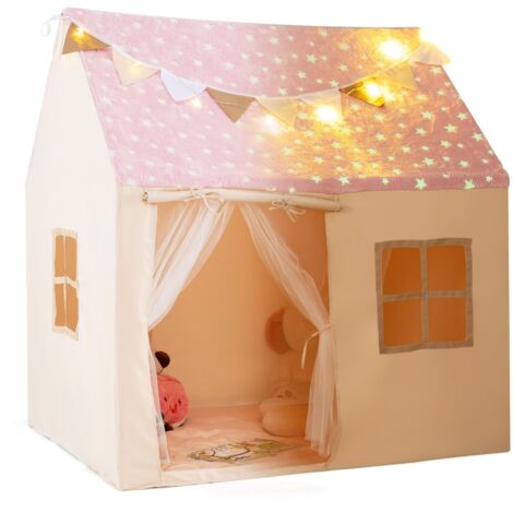 Tente de Jeu pour Enfants Maison de Jeu avec Guirlande Lumineuse Drapeaux et Tapis Rembourré avec Rideaux en Maille pour 3 Ans + Rose