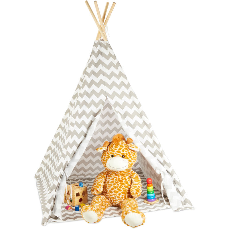 Relaxdays - Tente de jeu pour enfants, Tipi intérieur extérieur tente Indien Wigwam, HxlxP:160 x 115 x 115 cm, blanc/gris