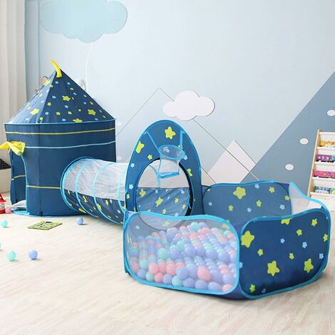 Tente de jeu pour enfants, tunnel d'exploration 3 en 1 pour tente de château et maison de jeu intérieure pour tout-petits garçons et filles (bleu)