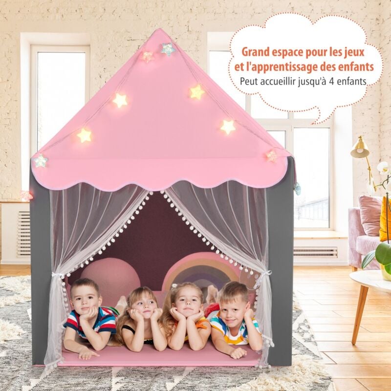 Tente de Jeux pour Enfants Cabane Enfant Interieur avec Tapis Lavable Lumières Étoiles 105 x 121 x 136 cm Rose design in