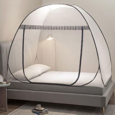 tente de lit pop-up avec dessus en maille, tente de lit moustiquaire, convient pour l'intérieur et l'extérieur, tente de camping, moustiquaire anti-insectes (double/queen standard, gris)
