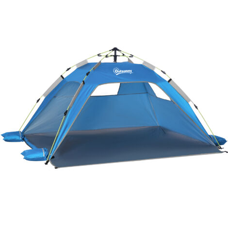 Tente de plage instantanée pour 2 personnes, abri portable anti-UV, dimensions 220x173x120 cm, couleur bleu ciel, montage facile.