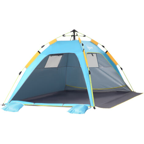 Tente de plage Pop Up avec fermeture éclair, en polyester et fibre de verre, 220x173x120 cm, bleu clair et jaune