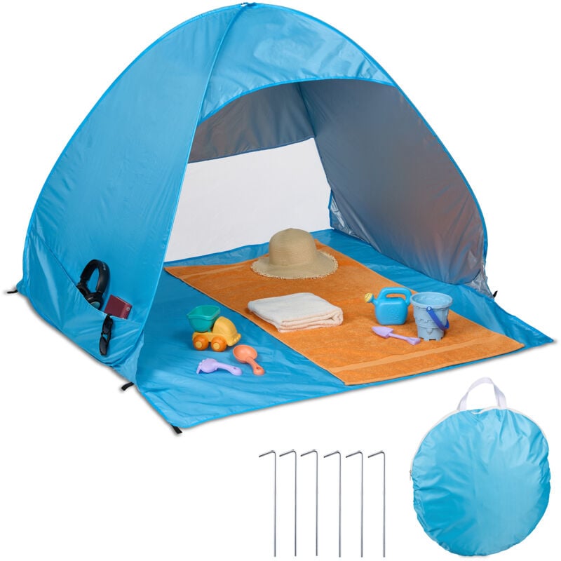 Relaxdays tente de plage Pop up, protection UV 50, avec piquets & sac de transport, h x l x p : 110 x 140 x 145 cm, 2 personnes, bleu