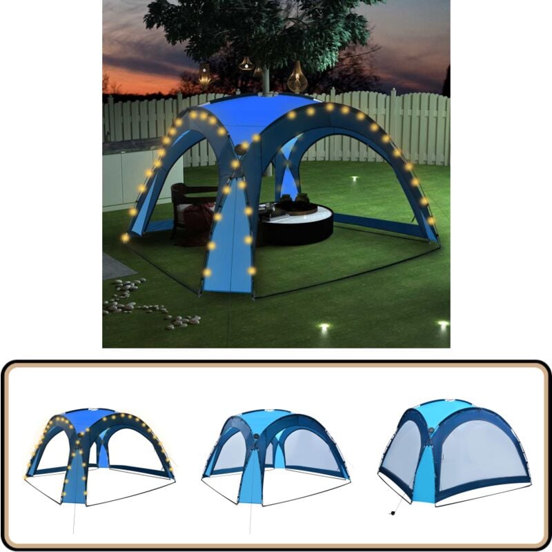 Tente de réception avec led et 4 parois 3,6x3,6x2,3 m Bleu - Tente De Réception - Abri Jardin - Parasol - Ombrage - Fête Extérieure
