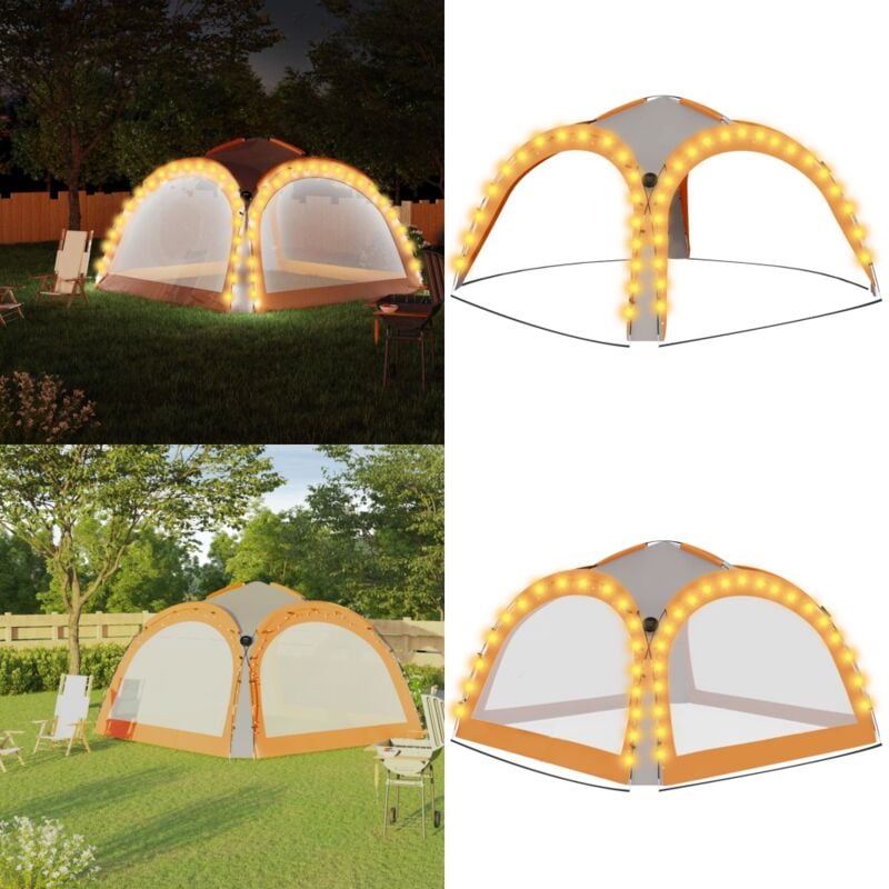 Tente de réception LED et 4 parois 3,6x3,6x2,3 m Gris et orange - Tents De Jardin - Abri De Jardin - Tente Réceptions - Abri Soleil - Tente Lumineuse