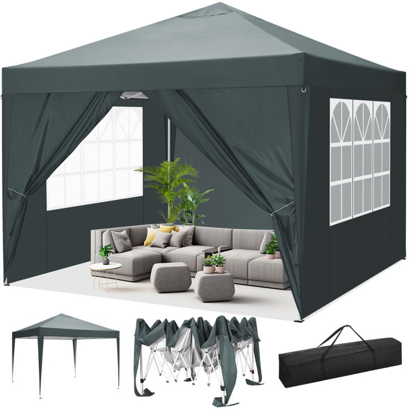3x3M Tonnelle de Jardin Pliante Imperméable Anti-UV, Barnum Pliant pour mariage, pique-nique, marché, camping avec 4 parois latérales amovibles Gris