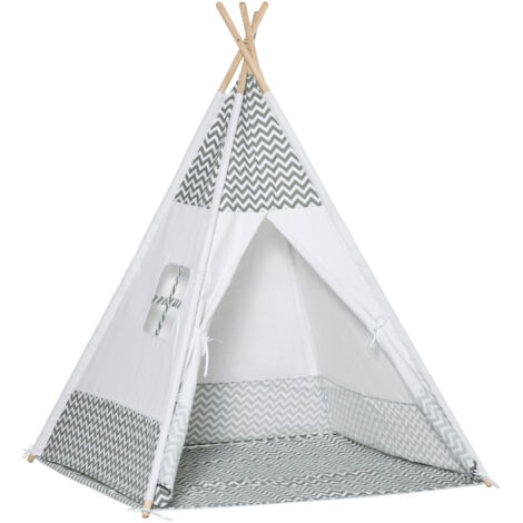Tente enfant +3 ans, tipi bois portable avec fenêtre, tapis, sac transport, int/ext, 120x120x155 cm, gris