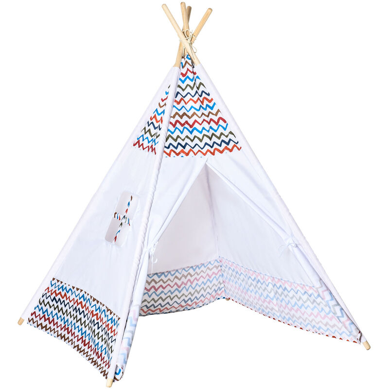 Tente teepee indien enfant style graphique - dim. 1,2L x 1,2I x 1,55H m - porte refermable, fenêtre - structure bois, toile polyester coton blanc