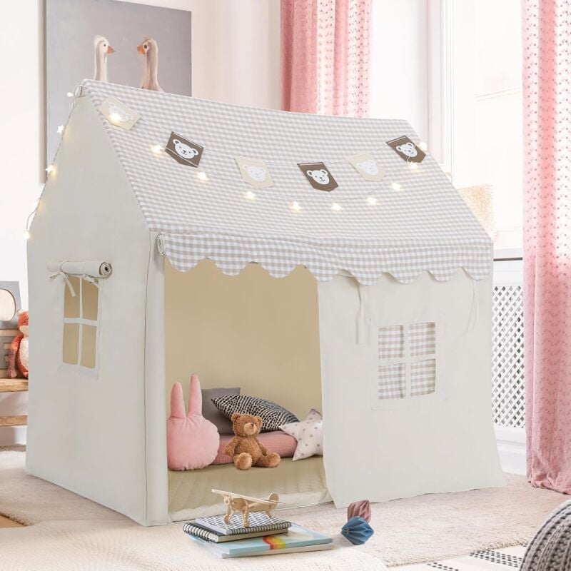 Tente Enfant,Tente de Jeu,Tipi Enfant avec Tapis et Lumières, Cabane Enfant Interieure,125x90x123 cm,Tente Enfant Interieur et Exterieur(Beige)