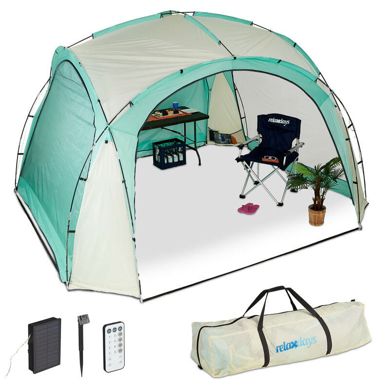 Tente festive avec illuminations led, moustiquaire, évenements, camping, pavillon : 3,4x3,4 m, turquoise/beige - Relaxdays