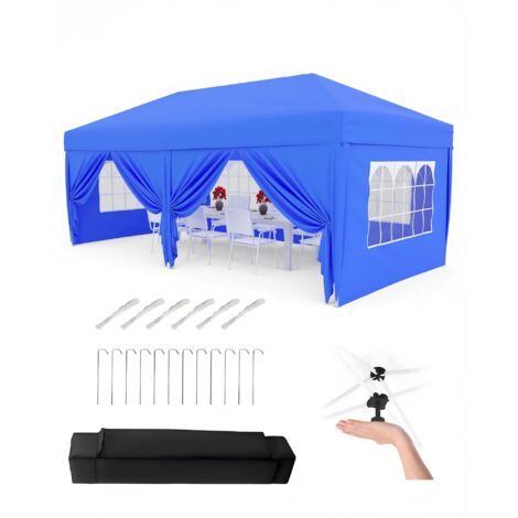 Tente pliable 3x6 m bleu 6 parois latérales auvent résistant 3 hauteurs réglables sac roulable 4 sacs poids 8 chevilles 6 cordes fixation