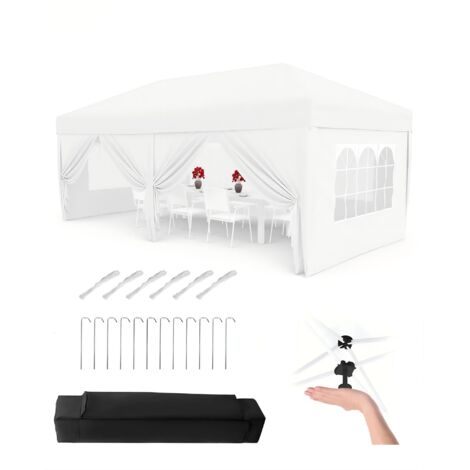 Tente pliable 3x6 m GarveeLife blanc 6 parois latérales auvent résistant 3 hauteurs réglables sac roulable 4 sacs poids 8 crochets 6 cordes fixation