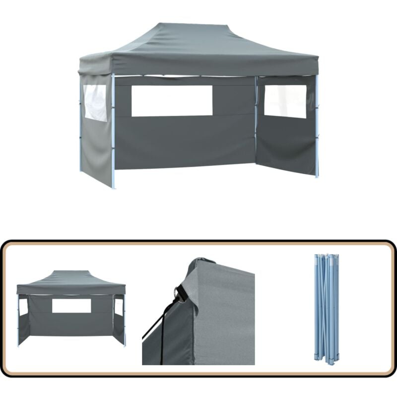Tente pliable avec 3 parois 3 x 4,5 m Anthracite - Tents Pliantes - Tentes De Jardin - Auvent Pliable - Structure Extérieure - Abri Solaire