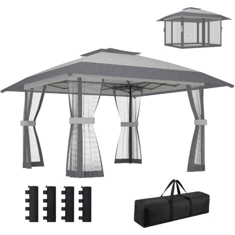 Tente pliante 4x4 m escamotable double toit 4 côtés treillis sac transport upf30+ hauteur réglable, gris
