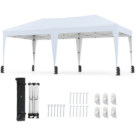Tente Pliante 6 x 3M, Tonnelle Pop-up Portable d'Extérieur avec Sac à Roulettes, 12 Piquets, 6 Cordes Coupe-Vent, 6 Sacs de Sable, pour Camping, Blanc