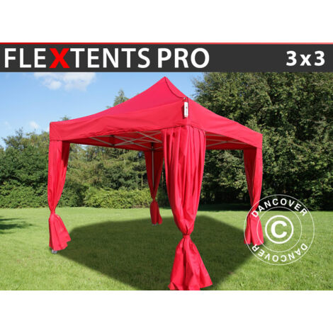 Tente pliante Chapiteau pliable Tonnelle pliante Barnum pliant FleXtents PRO 3x3m Rouge, incl. 4 rideaux decoratifs - Rouge