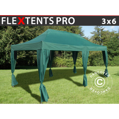 Tente pliante Chapiteau pliable Tonnelle pliante Barnum pliant FleXtents PRO 3x6m Vert, incl. 6 rideaux decoratifs - Vert