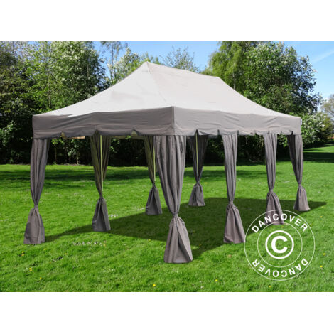 Tente Pliante Chapiteau pliable Tonnelle pliante Barnum pliant FleXtents PRO Steel Peaked 4x6m Latte, avec 8 rideaux décoratifs