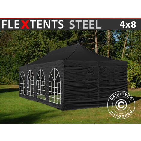 Tente Pliante Chapiteau pliable Tonnelle pliante Barnum pliant FleXtents Steel 4x8m Noir, avec 4 cotés