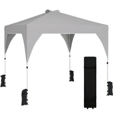 Tente pliante pop-up 3x3 m avec verrouillage central, hauteur réglable, sac de transport à roues et sacs de sable, grise