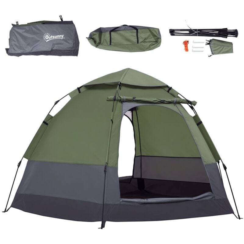 Tente pop up montage instantané - tente de camping 3-4 pers. - 2 grandes portes - dim. 2,6L x 2,6l x 1,5H m fibre verre polyester oxford vert gris