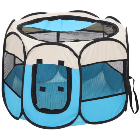 Tente pour animal domestique, Cage pliable en tissu Oxford anti-rayures, chambre de maternité pour chien et chat，S（Beige et bleu）