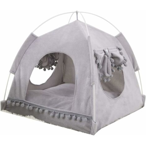 Tente pour Animaux, Lit de Animaux de Compagnie, Tente Coussin Panier Niche pour Chat Ultra Soft avec Fenêtre et Frange, Assemblage Facile, Pratique pour Stockage et Nettoyage(gris，S)