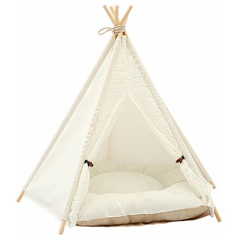 Tente pour Chien ou Chat Maison pour Chien et Chat avec Coussin Amovible Niche à Chien Lit de Chien (40x40x50cm, Dentelle Blanche)